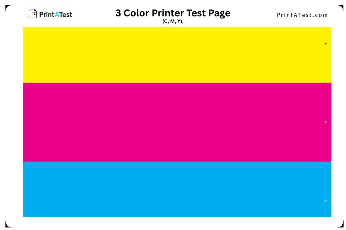 3 color printer test page mockup displaying Cyan, Magenta, and Yellow bars for standard tri-color ink cartridges.