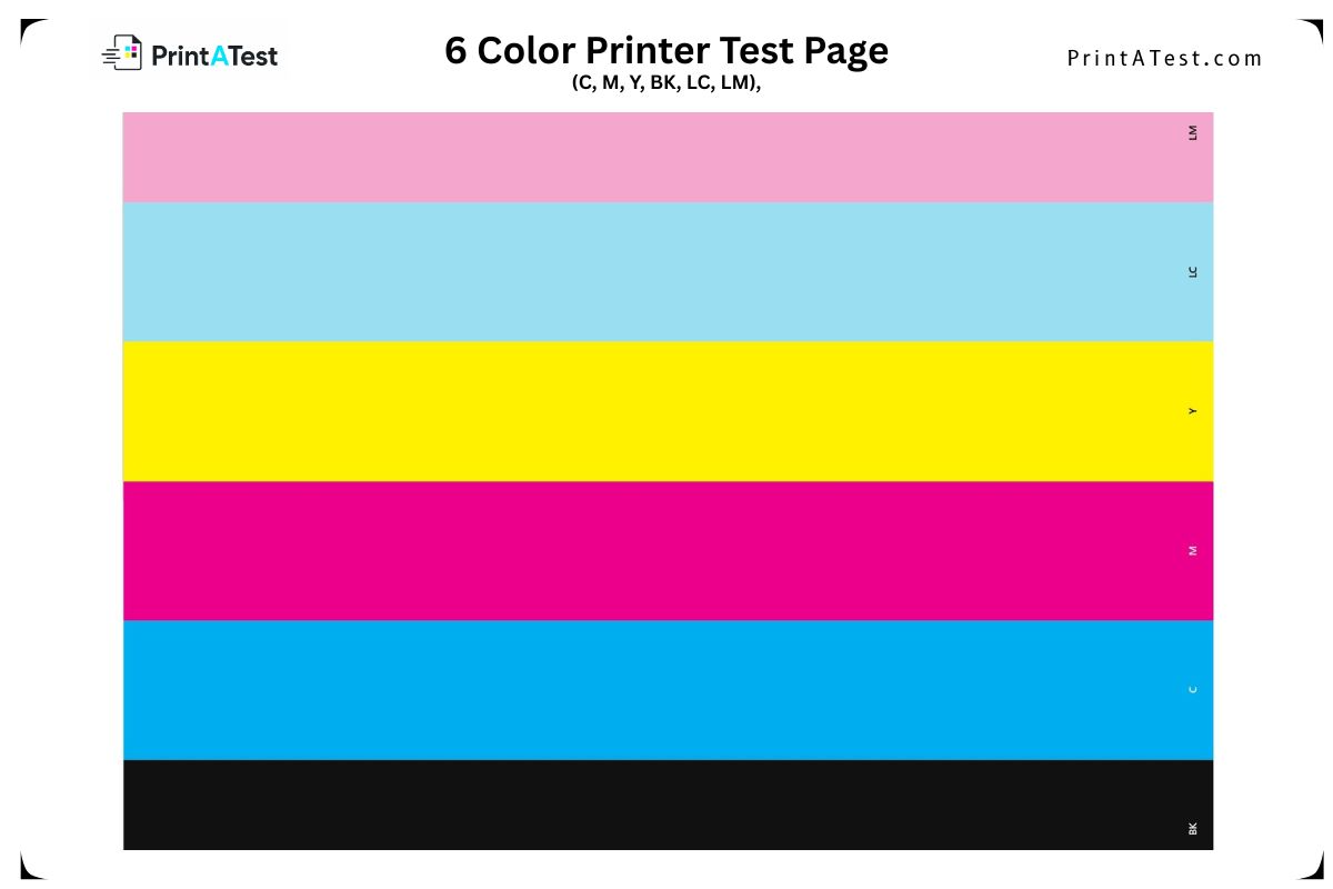 6 color printer test page preview showing solid vertical bars of Cyan, Magenta, Yellow, Black, Light Cyan, and Light Magenta for photo printers.