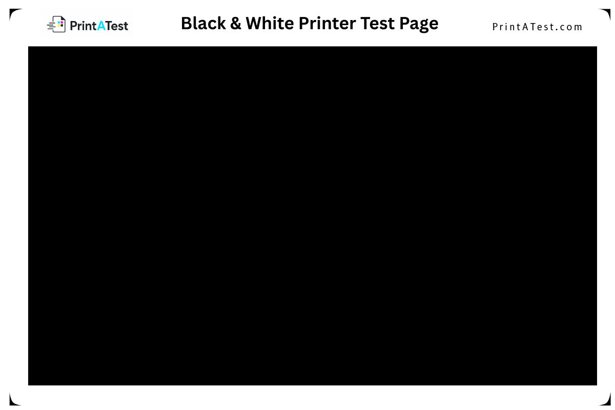 Black and white printer test page mockup showing a full-page 100% solid black block to test toner coverage, smudging, and laser drum health.