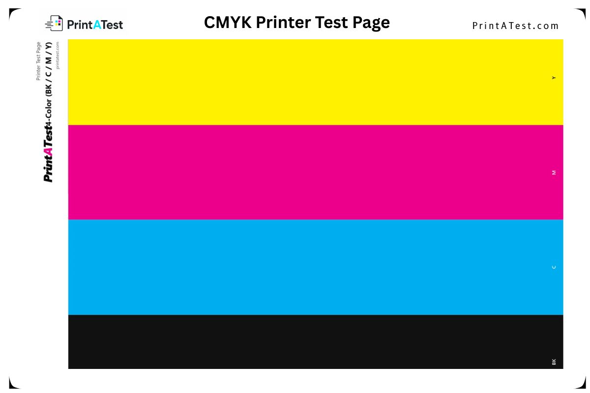 Preview of the CMYK 4-color printer test page showing solid blocks of cyan, magenta, yellow, and black for inkjet calibration and nozzle checks.