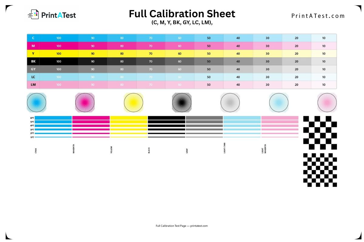 Comprehensive full printer calibration sheet preview featuring CMYK color bars, density scales from 10% to 100%, and alignment marks for professional diagnostics.