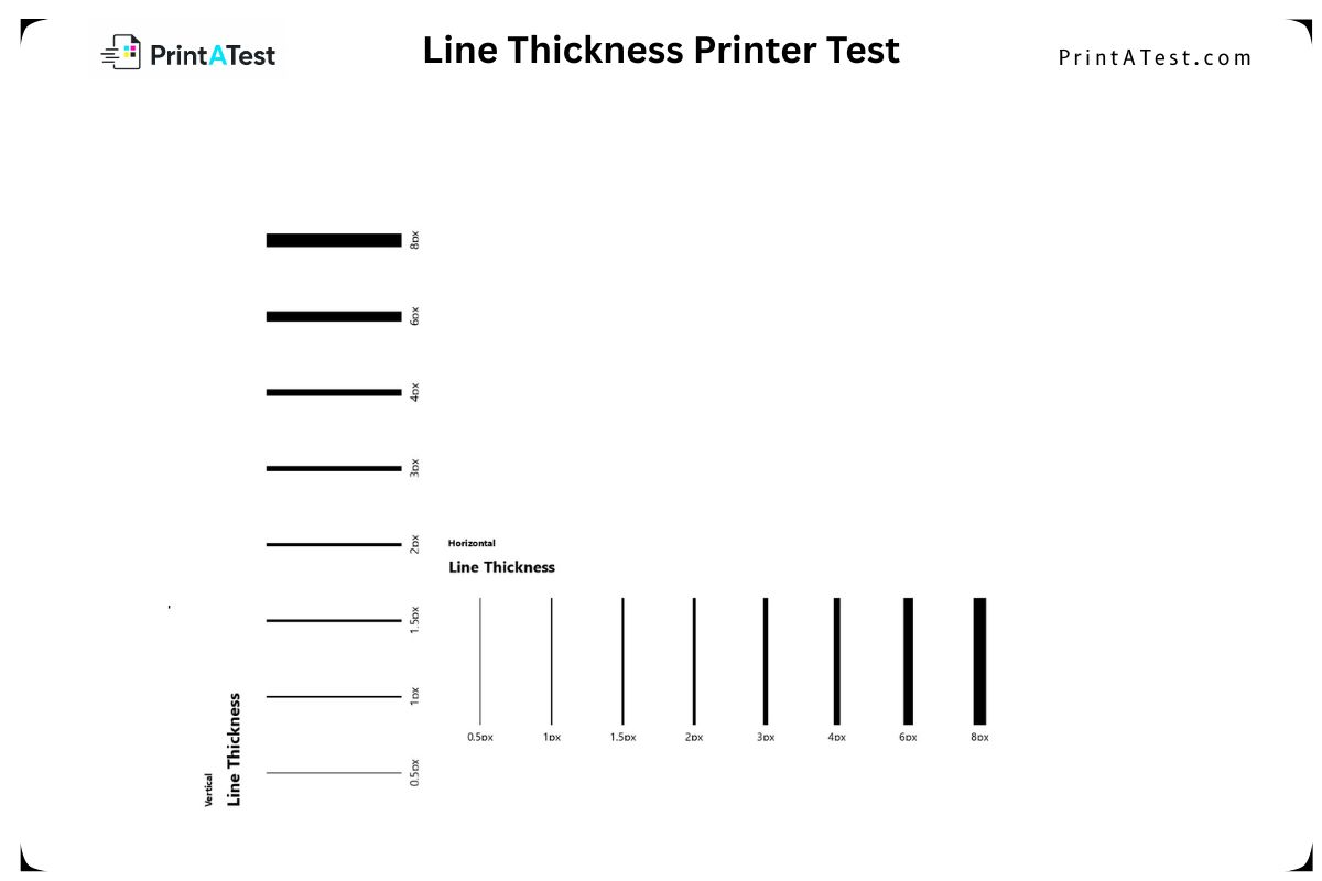 Line thickness printer test page preview showing parallel vertical and horizontal lines from 0.5px to 8px to check stroke fidelity and ink bleed.