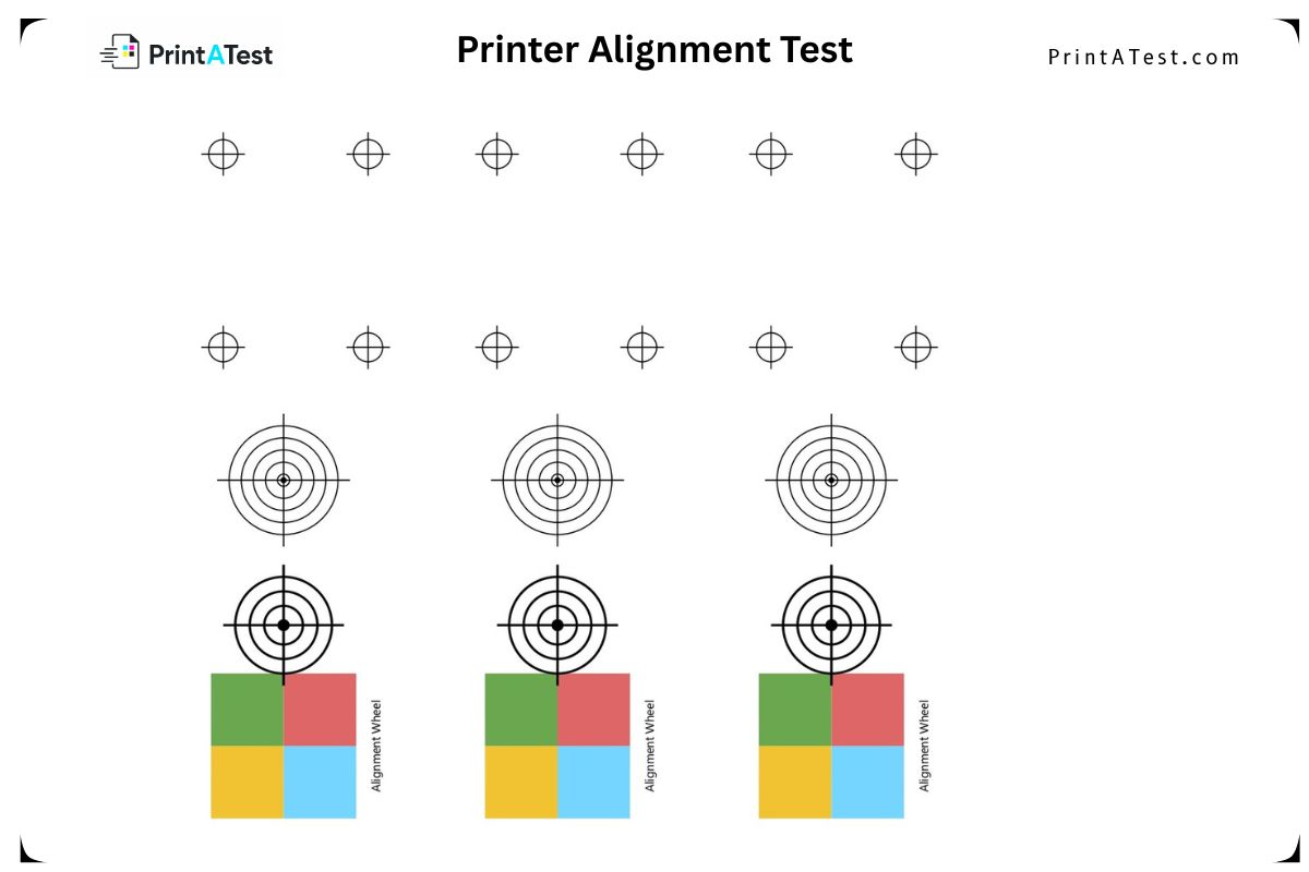 Printer alignment test page preview featuring crosshairs and alignment wheels to diagnose text ghosting and fix misaligned printheads.