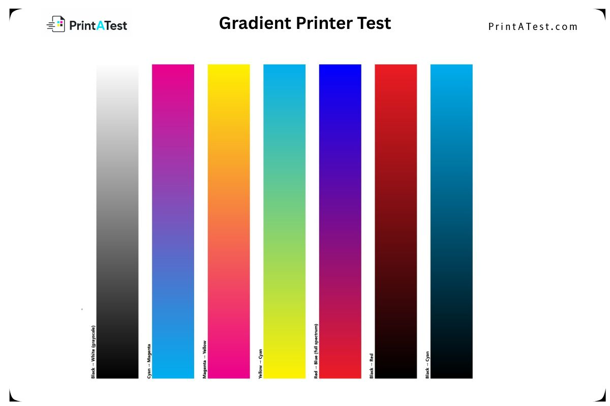 Gradient printer test page mockup displaying smooth full-spectrum color and grayscale fades to diagnose posterization and horizontal banding.