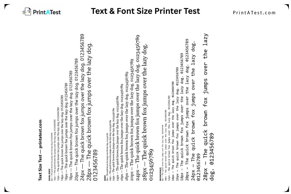 Font and text size printer test page preview showing a typographic ladder from 8px to 28px in serif and sans-serif to test small text sharpness.